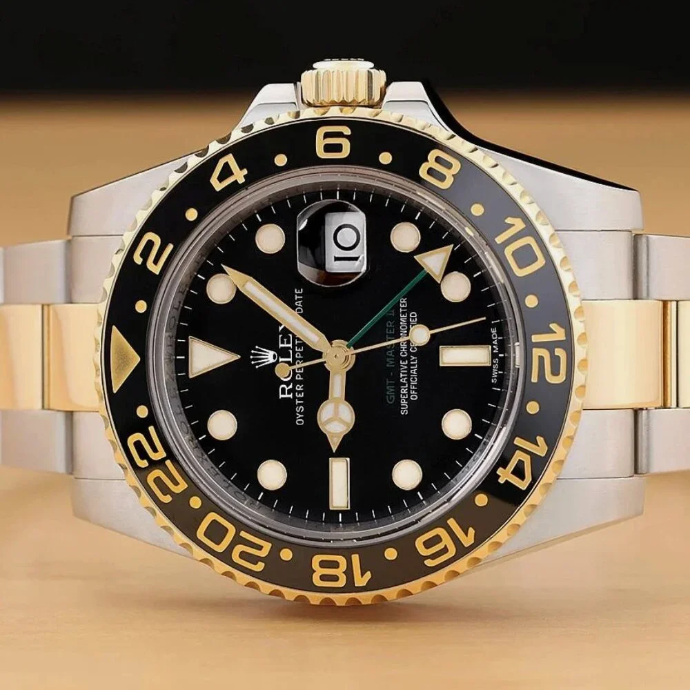 MENS ROLEX GMT MASTER II 40MM 18K YELLOW GOLD STEEL WATCH
